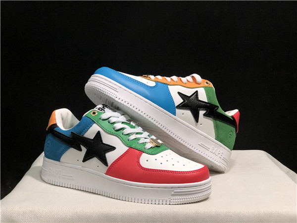 Women's Bape Sta Low Top Leather Blue/White/Red/Green Shoes 019